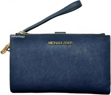 Michael Kors Jet Set Travel Double Zip Saffiano Leather Wristlet (Navy)