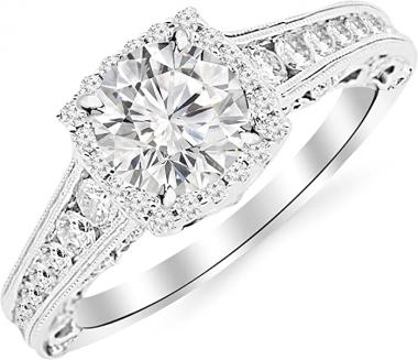 2.25 Carat 14K White Gold Vintage Halo Style Channel Set Round Brilliant Diamond Engagement Ring Milgrain with a 1.5 Carat Moissanite Center