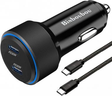 60W Dual USB C Car Charger Adapter – BiNboubou [PPS&PD] 30W 25W 20W Type C Super Fast Car Phone Charger Compatible for Galaxy S22/S21/S21+/Ultra/S20, iPad Pixel LG Tablets - 4ft Type-C Cord