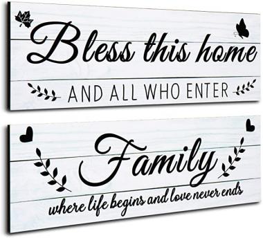 Jetec 2 Pieces Family Rustic Wooden Signs Bless This Home Wooden Wall Art Decor Farmhouse Family Entryway Sign Home Decoration for Bedroom Living Room Office Home Wall Decor, 13.8 x 4.7 Inch (White)