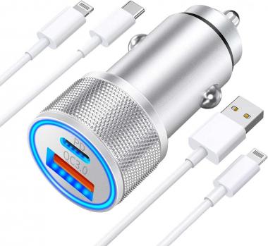 [Apple MFi Certified] iPhone Fast Car Charger, esbeecables 38W Dual Port USB C Power Delivery All Metal Lighter PD/QC3.0 Car Charger with 2Pack PD Lightning Cord Quick Charging for iPhone/iPad/Airpods