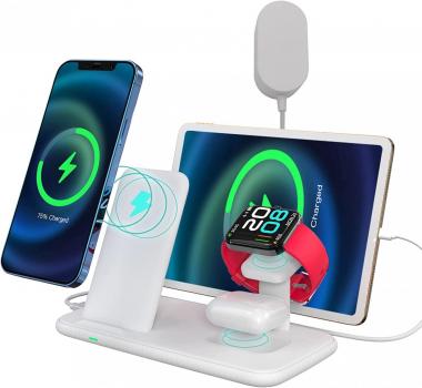 4 in 1 Wireless Charging Station 15W Multi Charger Lakewei Bedside Charge Stand Dock for Apple iPhone 13 Pro Max/13 Pro/13/12/11/X/Airpods/ipad/iwatch Samsung Phone/Earbuds/Tablet, White