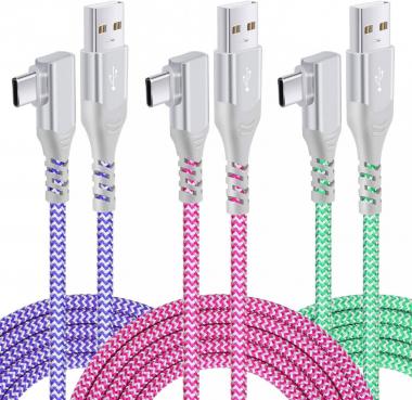 USB Type C Cable Fast Charging [3Pack,10ft],Pofesun USB C Cable Right Angle 90 Degree USB A to Type C Fast Charger Compatible for Samsung S22+Ultra S21 S20 S10 S9 Plus Note 20 10-Purple,Green,Rose