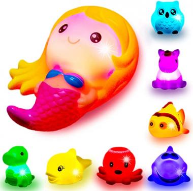 Bath Toys for Toddlers Baby 8 Pack Light Up Toys - Bathtub Toy Flashing Colourful LED Light Shower Bathtime For Kids Infants Shark, Clown fish, Owl, Unicorn, Octopus, Dolphin, Dinosaur Mermaid Toys