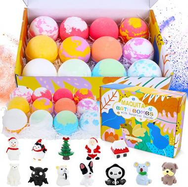 12 XL Bath Bombs with Surprise Inside Best Christmas Gifts Handmade Gift for Kids Women Birthday Mother Day,Rich in Pure Essential Oils,Coconut Oil,Coco Butter Dry Skin Moisturize Perfect for Spa Bath