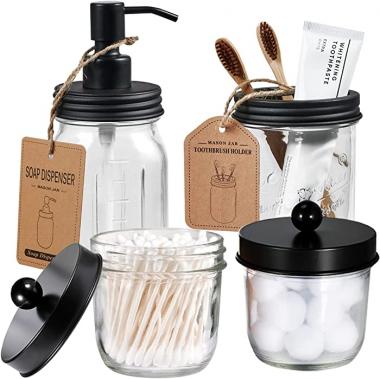 Mason Jar Bathroom Accessories Set(4 Pcs) -Lotion Soap Dispenser &Cotton Swab Holder Set &Toothbrush Holder-Rustic Farmhouse Decor Apothecary Jars Vanity Organizer-Rustic Farmhouse Decor (Black)