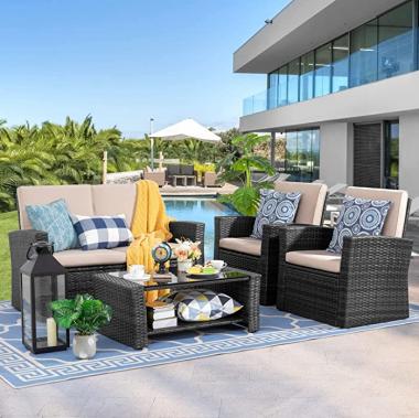 Shintenchi 4-Piece Outdoor Patio Furniture Set, Wicker Rattan Sectional Sofa Couch with Glass Coffee Table | Black