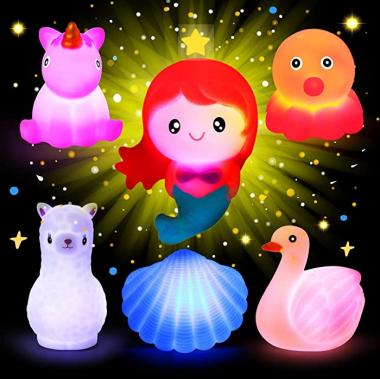 Bath Toys for Toddlers 1-3, Cute Light Up Bathtub Toys Floating Rubber Sea Animal Set with Flashing Colorful LED Light Unicorn Mermaid for Bathroom Shower Swimming Pool Party for Baby Girl Boy