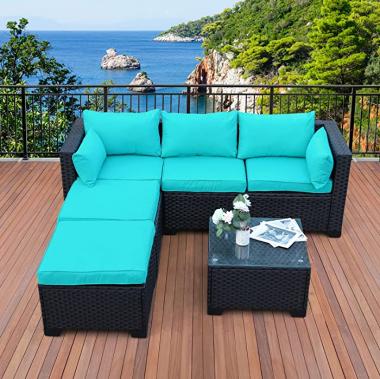 Outdoor PE Wicker Sofa Set 4-Piece 6-Seater Patio Garden Sectional Turquoise Cushions Seat Furniture Set, 2 L-Shaped Loveseats and Ottomans, Multi-Purpose Tempered Glass Coffee Table