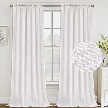 Natural Linen Curtains 108 Inches Extra Long Rod Pocket Semi Sheer Curtain Drapes Elegant Casual Linen Textured Window Draperies, Light Filtering Privacy Added Home Fashion 2 Panels, Off White