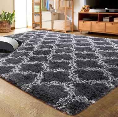 LOCHAS Luxury Shag Area Rug Modern Indoor Plush Fluffy Rugs, Extra Soft and Comfy Carpet, Geometric Moroccan Rugs for Bedroom Living Room Girls Kids Nursery, 6x9 Feet Dark Grey/White