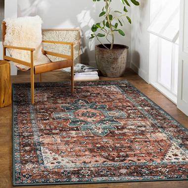 Moynesa Ultra-Thin Washable Vintage Area Rug - 5x7 Large Persian Non-Slip Living Bedroom Rug Oriental Medallion Non-Shedding Print Floor Carpet for Dining Room Home,Brick Red/Dull Teal