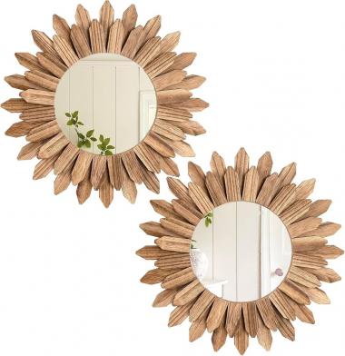 2 Pack Boho Wall Decor Sunburst Mirror 12 inch Rustic Round Wood Mirror Boho Mirror Home Wall Decor Farmhouse wall decor for Bedroom Living Room Entryway