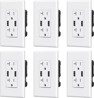 ELEGRP USB Charger Wall Outlet, Dual High Speed 4.0 Amp USB Ports with Smart Chip, 20 Amp Duplex Tamper Resistant Receptacle Plug, Wall Plate Included, UL Listed (6 Pack, Glossy White)