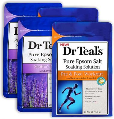 Dr Teal's Epsom Salt Bath Combo 4-Pack (12 lbs Total), Pre and Post Workout with Magnesium Sulfate and Menthol, and Soothe & Sleep with Lavender