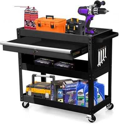 3 Tier Rolling Tool Cart with Lockable Drawer, 330lbs Capacity Heavy Duty Steel Mechanics Tool Storage Organizer Service Cart for Garage, Warehouse & Repair Shop, Black