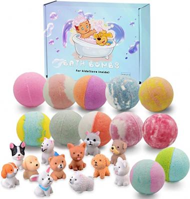 Bath Bombs for Kids with Puppy Toys Inside Kids Bath Bombs Organic Bubble Bath Fizzies Bomb 3.5 oz/per 12 Pcs Set Birthday/Christmas Surprise Gift for Girls & Boys