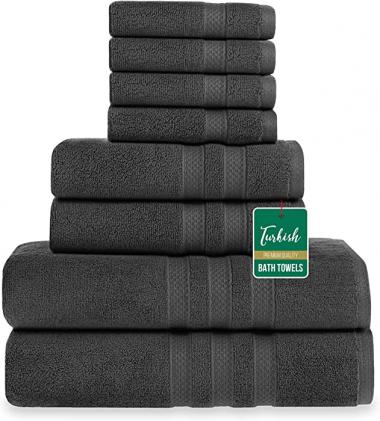 Turkish Bath Towel Set for Bathroom 650 GSM Double Stitched Edges & Double Piles, Include 2 Hand Towels for Bathroom, 4 washcloths for face & 2 Luxury Bathroom Towels Set for Bath 8-Pack, Grey