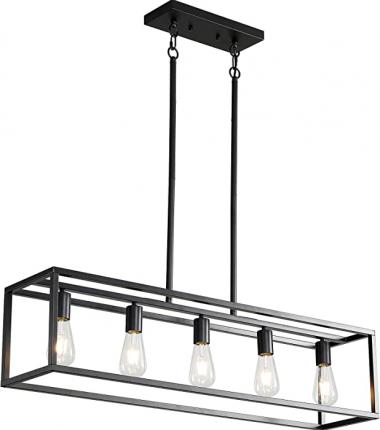 Black Farmhouse Kitchen Island Lighting, Modern Industrial Chandelier, 5-Light Linear Rectangular Pendant Light Fixtures for Farmhouse Kitchen Dining Room Bar Foyer(Metal, Height Adjustable)