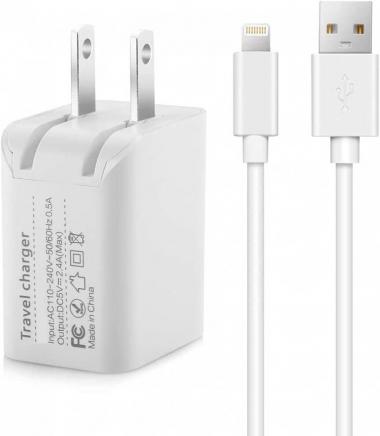 2in1 [ Apple MFi Certified ] 10Ft Lightning Cable/Cord + 5V/2.4A Dual Port USB Wall Plug Charger Block/Charging Cube/Brick/Box Power Adapter Compatible with iPhone Xs Max XR X 8 Plus 7 iPad 4 Air Pro