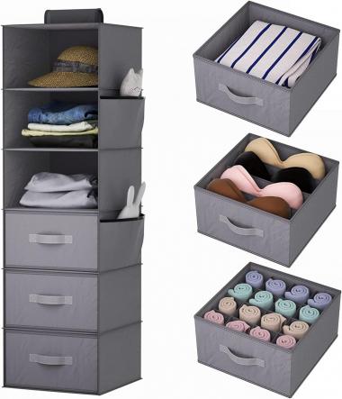 YOUDENOVA Hanging Closet Organizers, 6-Shelf Hanging Closet Storage Shelves with 3 Drawers, Grey