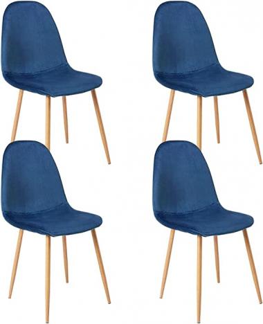 CangLong Dining Kitchen Velvet Cushion Seat, Upholstered Back and Metal Legs, Modern Mid Century Living Room Side Chairs, Set of 4, Blue