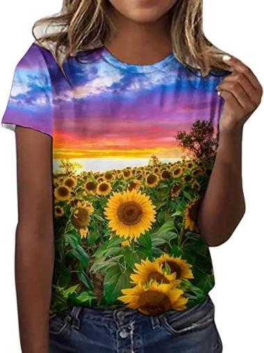 Summer Tops for Women Trendy Graphic Tees Cute Floral Print Loose Short Sleeve Aesthetic Shirts Casual T-Shirt Blouses