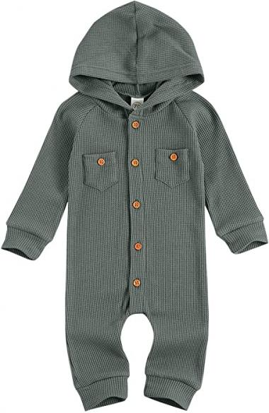 Ynibbim Winter Newborn Baby Boy Girl Solid Romper Unisex Infants Hooded Outfit Clothes Waffle Cotton Button Jumpsuits