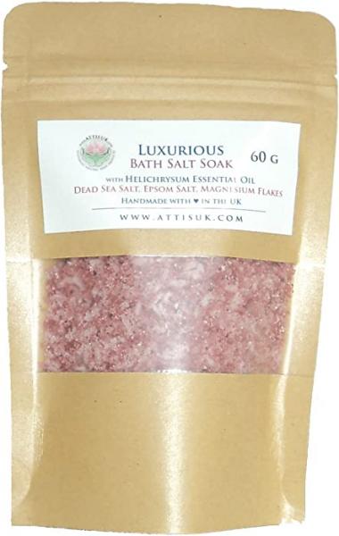 ATTIS Luxurious Bath Salt Soak with Helichrysum Essential Oil, Dead Sea Salt, Magnesium Flakes, Epsom Salt | Vegan | Hand Made | Relaxing | Refreshing | Calming | Rejuvenating (2.11oz)