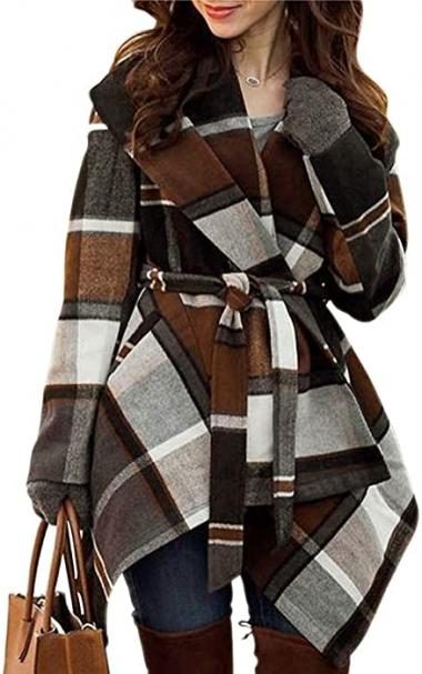 CHICWISH Women's Turn Down Shawl Collar Earth Tone Check/Black White Grid/Black/Plum Wool Blend Coat