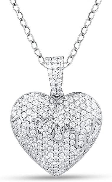 Jenelia Jewelers 925 Sterling Silver 2.75 cttw Cluster Micro Pave Round Simulated Diamond 14k White Gold Finish Heart Pendant Necklace