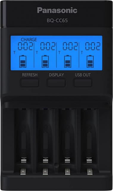 Panasonic BQ-CC65AKBBA Super Advanced eneloop pro and eneloop 4-Position Quick Charger with LCD Indicator Panel and USB Charging Port, Black