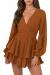 Hocuos Women's Long Lantern Sleeve Plunging V Neck Dress Tie Waist Layer Ruffle Hem A Line Swing Casual Short Mini Dress