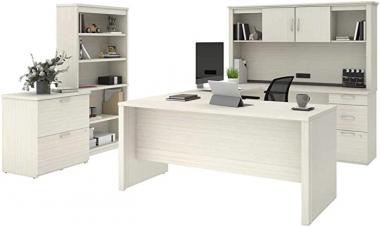 Bestar Logan Collection, 3-Piece Set Including an U or L-Shaped Desk with Hutch, a lateral File Cabinet, and a Bookcase