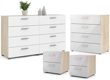 Home Square Contemporary Style 4 Piece Bedroom Set with Two Nightstands, 8 Drawer Double Dresser and 4 Drawer Chest in Oak and White Gloss