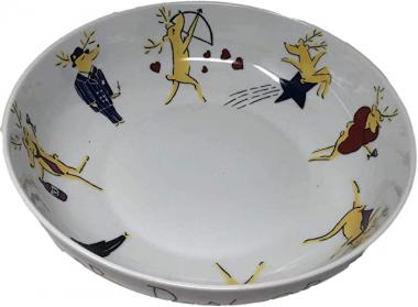 Pottery Barn Reindeer Extra Large Nesting Salad Bowl - 14" Round - Dasher, Dancer, Prancer, Vixen, Comet, Cupid, Donner, Blitzen