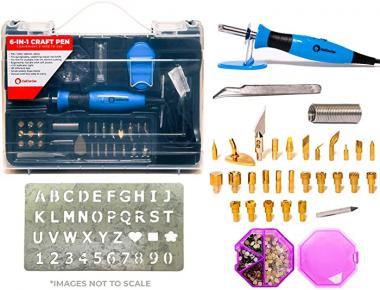 6 in 1 Wood Burning Tool Kit, Leather Tools, Hot Iron On, Soldering Iron, Hot Fix Crystals and Foam Cutter All in One by Calcor