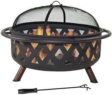 Sunnydaze Black Crossweave Large Outdoor Fire Pit - 36-Inch Heavy-Duty Wood-Burning Fire Pit with Spark Screen for Patio & Backyard Bonfires - Includes Poker & Round Fire Pit Cover