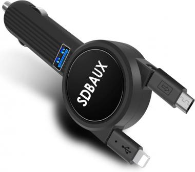 SDBAUX Car Charger, with 2.3 ft Dual Retractable Charging Cable Compatible for Samsung Galaxy S6 S5 Tab 4 Google Nexus10 LG Phone 11 XS Max XR X 8 7 6 5 Plus 5s and 1 USB Port