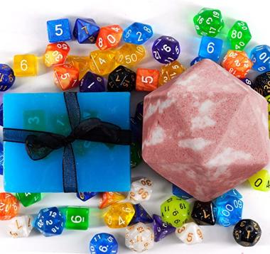 DND D20 Bath Bombs and Bar Soap with Mystery Full Set of Polyhedral Dice Inside Geek Gift for DM, Tabletop RPG Gamer