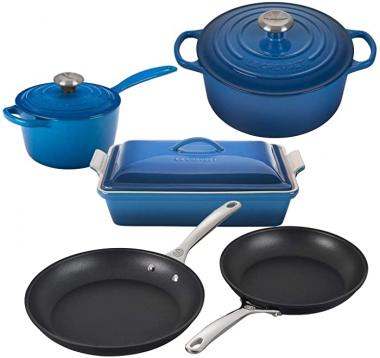 Le Creuset 8 Piece Multi-Purpose Enameled Cast Iron with SS Knobs, Stoneware, and Toughened Nonstick PRO Fry Pan Complete Cookware Set - Marseille