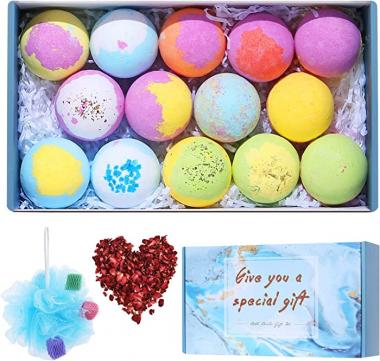 Bath Bombs for Valentines Day, 16PCS Bath Shower Bomb Gift Set for Women Kids with Rose Petals Bath Sponge, Perfect for Spa & Bubble Bath,Relaxation Gifts for Her,Girlfriend,Wife,Mom