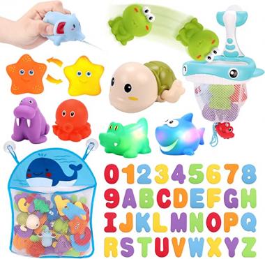 KaeKid Baby Bath Toys, 36 Foam Bath Letters & Numbers, Light up Bathtub Toys, Water Spray & Squeeze Bath Set with Fishing Net & Organizer Bag, Bath Water Toys for Kids Toddlers Gifts 1-6 Years Old