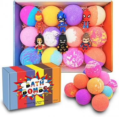 3.5oz Bath Bombs for Kids Organic Essential Oil 12 Bubble Colorful Fizzy Bath Bomb with 6 Superhero Toys Keychain(Outside) Christmas /Birthday Gift Set for Girls or Boys