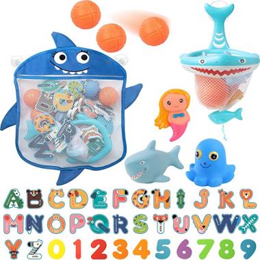 MITCIEN Baby Bath Toys with Organizer Bag 36 Foam Bath Letters and Numbers, 3 Light up Animal & 3 Bath Basketball,Fishing Net for Fish Catching and Pitching Game - for Babies Toddlers Bathtub Time