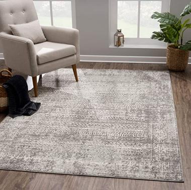 Vintage Geometric Gray Cream Area Rug - Boho Distressed 8x10 Rug for Living Room, Bedroom and Kitchen (7'10" x 10') by Bloom Rugs