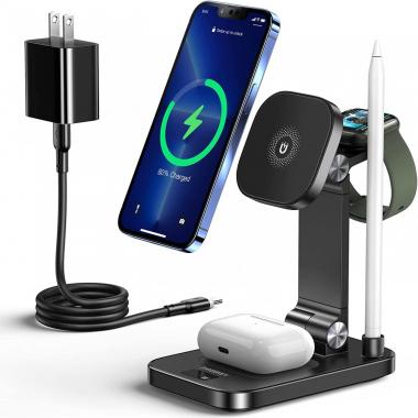 Magnetic Wireless Charging Station,THREEKEY 4 in 1 Fast Charger Stand with USB C Adapter 20W Compatible for iPhone 14/13/12, Airpods, iWatch 3/4/5/SE/6/7/8, Apple Pencil (1st Generation)