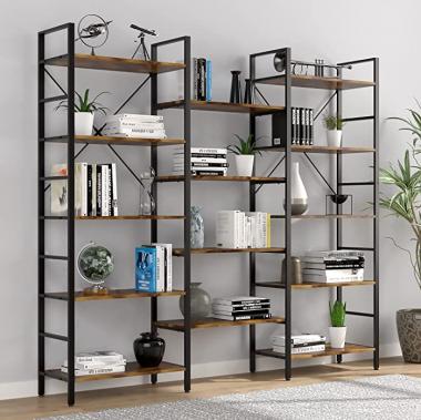 oneinmil Triple Wide 5-Shelf Bookcase Industrial Vintage Wood Style Large Open Bookshelves for Home&Office, Rustic Brown