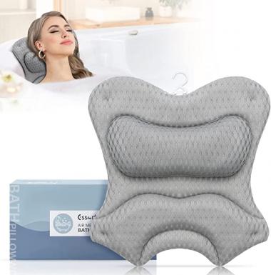 Essort Bath Pillow for Tub 4D Soft Bathtub Pillow with Strong Suction Cups Spa Bath Pillow for Head, Neck and Should Support Luxury Bathtub Cushion Fits All Bathtub, Home Spa Grey…