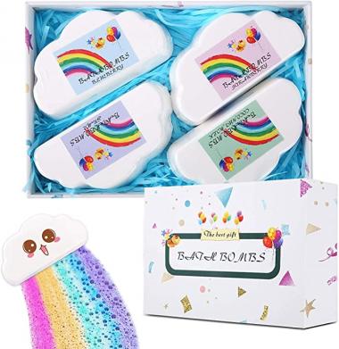 Mosteck 4 Pack Large Cloud Rainbow Bath Bombs for Kids, Special Effect Handmade Baff Bombz Gift Set for Children, Non-Irritating and Non-Toxic